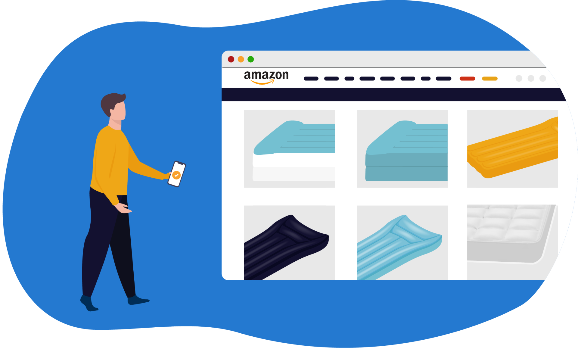 Ilustração de uma pessoa a buscar colchões no site da Amazon.